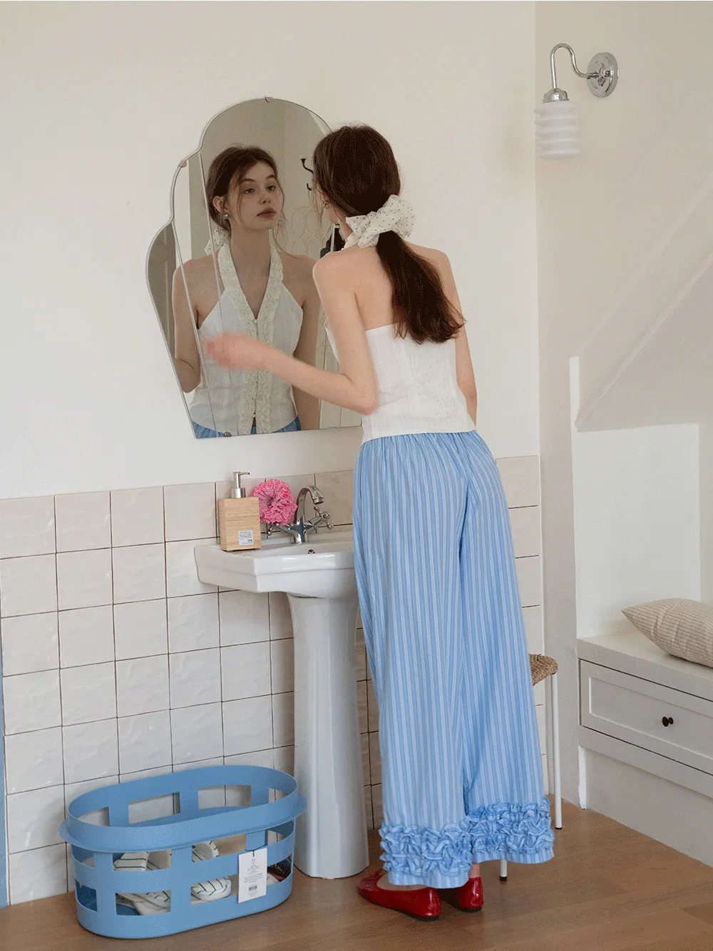 Striped Wide-Leg Pants with Ruffle Hem