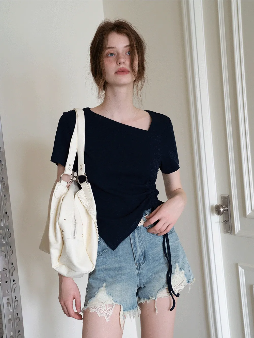 Women’s High‑Waist Ripped Lace Denim Shorts