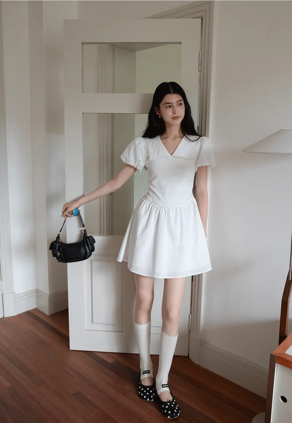 French V-Neck Puff Sleeve White Dress