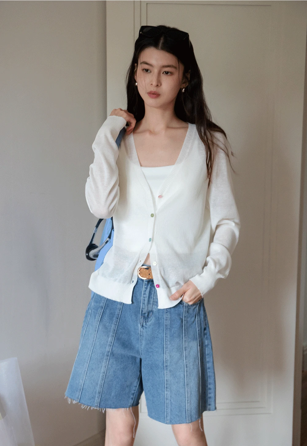 Women's V-Neck Knit Cardigan with Colorful Buttons