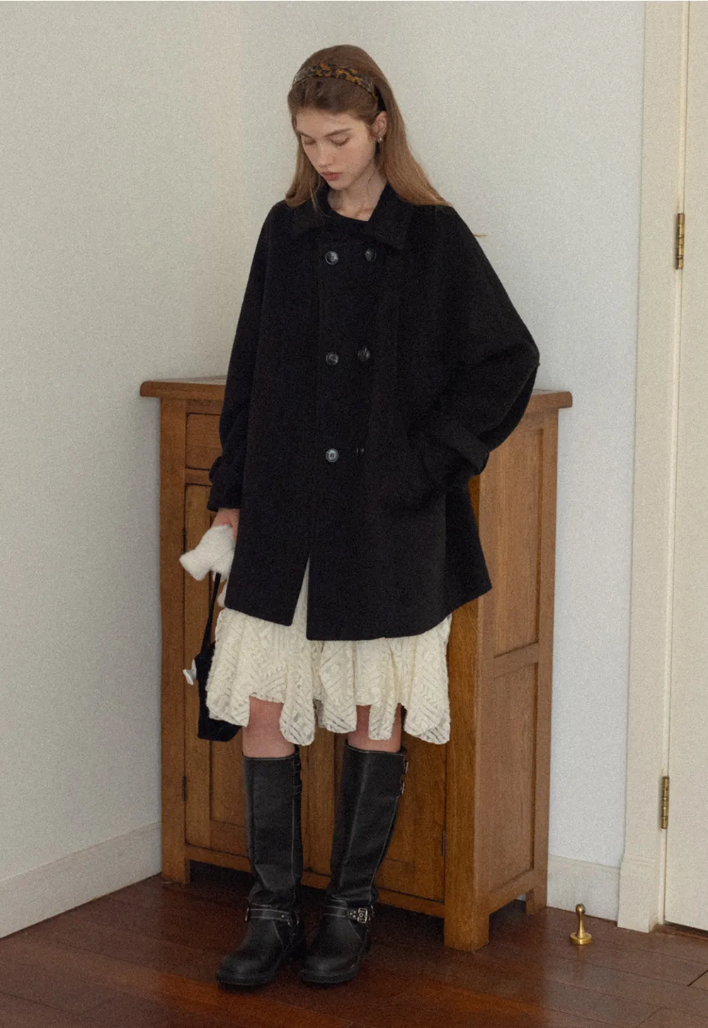 Elegant Double-Breasted Trench Style Wool Coat