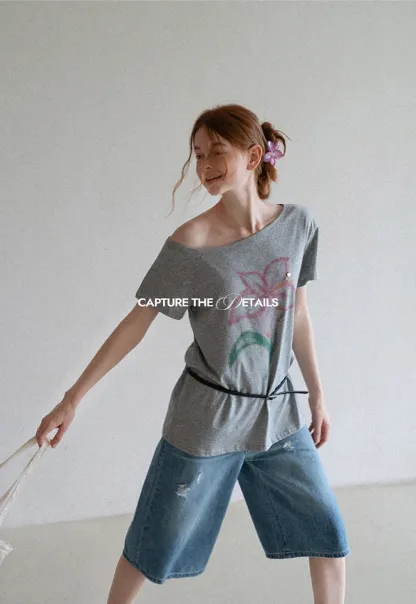 Off Shoulder Tee with Belt and Sequins