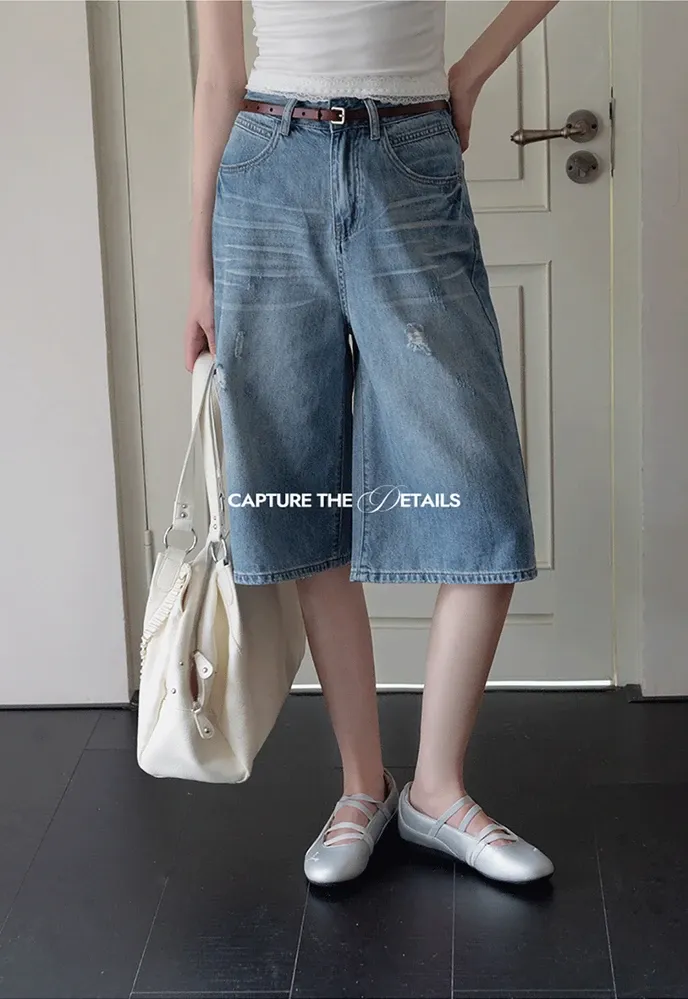 Women’s Distressed Wide-Leg Denim Bermuda Shorts