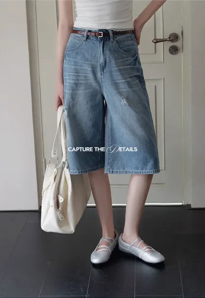 Women’s Distressed Wide-Leg Denim Bermuda Shorts