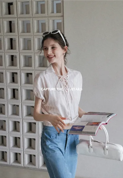 Striped Short Sleeve Blouse with Lace-Up Neck