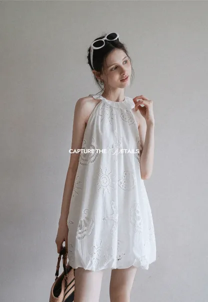 Women’s Sleeveless Eyelet Mini Dress with Ruffle Neck