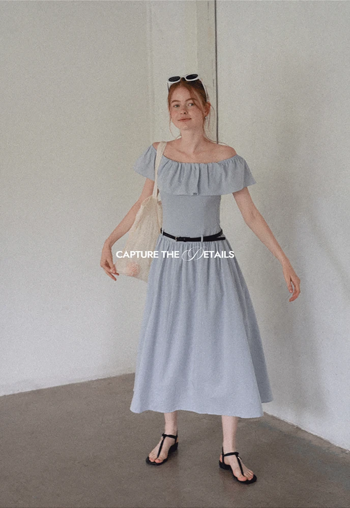 Women’s Off-Shoulder Ruffle Belted Midi Dress