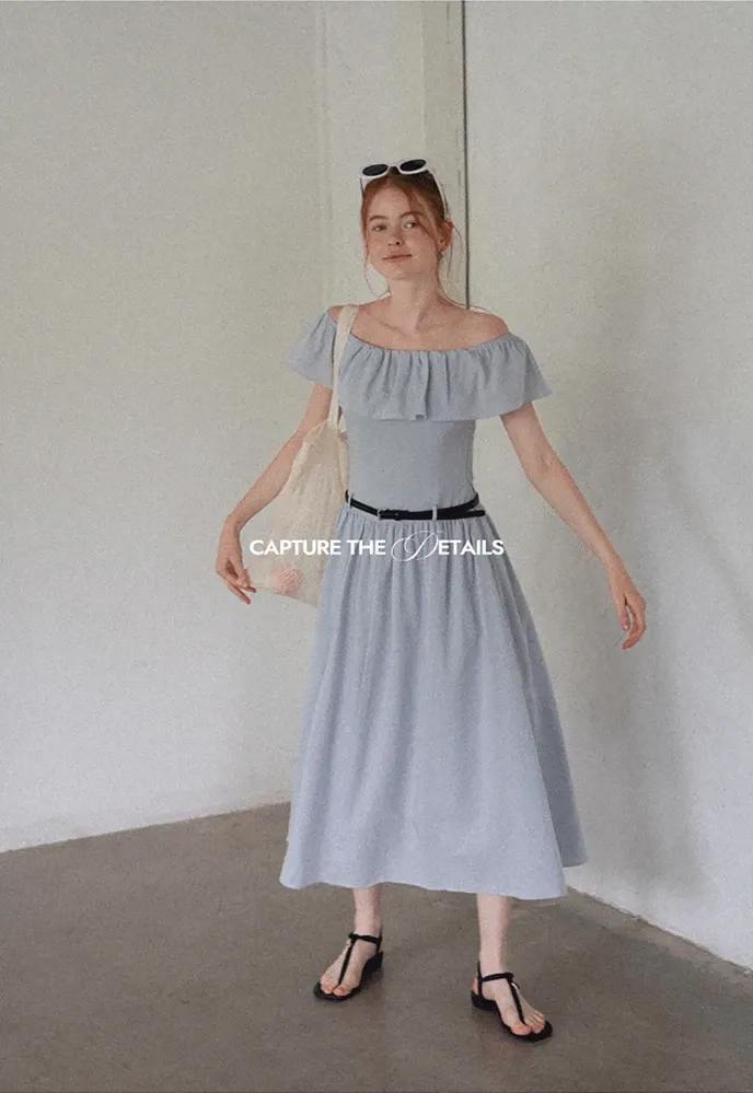 Women’s Off-Shoulder Ruffle Belted Midi Dress