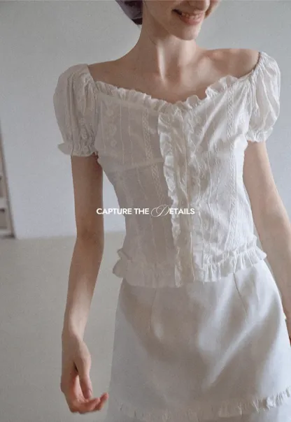 Women’s Puff Sleeve Ruffle Button Blouse