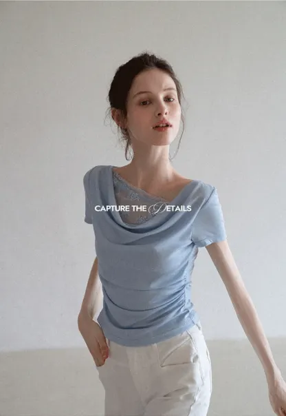 Women’s Cowl Neck Lace-Back Ruched Tee