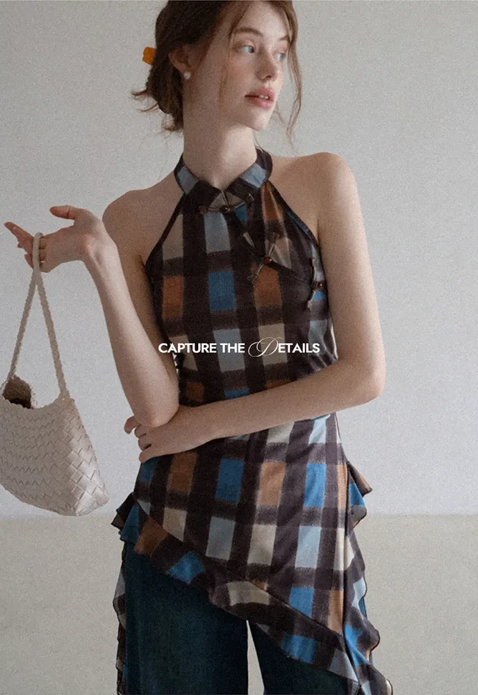 Women’s Plaid Frog-Button Handkerchief-Hem Halter Top