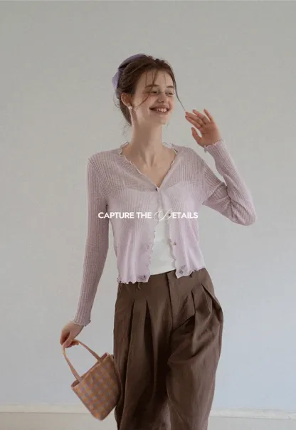 Women Ruffle Ribbed Knit Button Cardigan