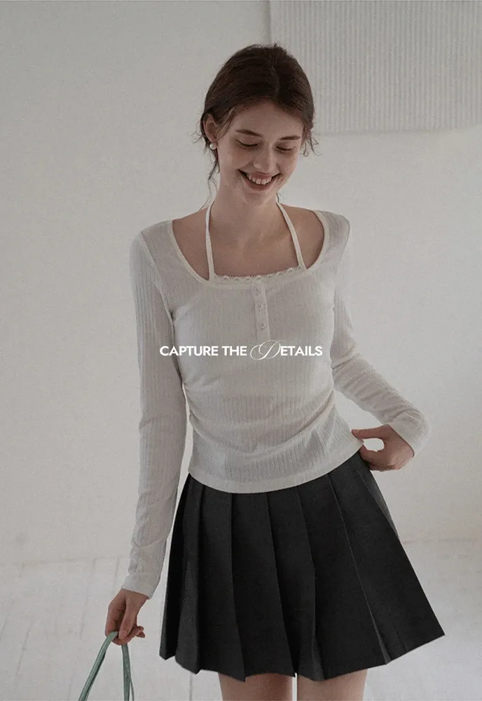 Long Sleeve Square Neck Halter Crop Top