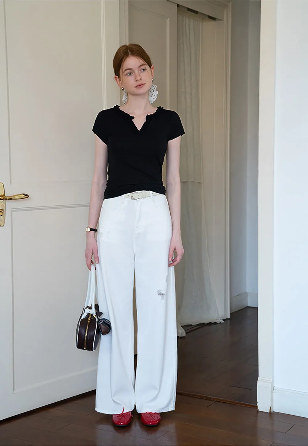 V-Ruffle Trim Fitted Top
