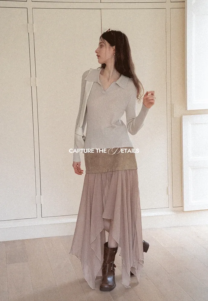 Ribbed Open-Collar Knit Top