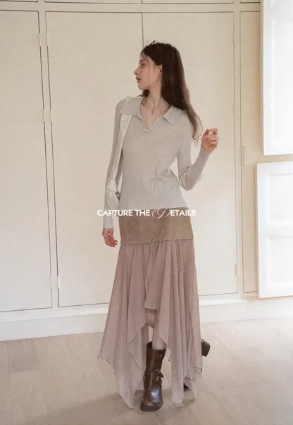 Ribbed Open-Collar Knit Top