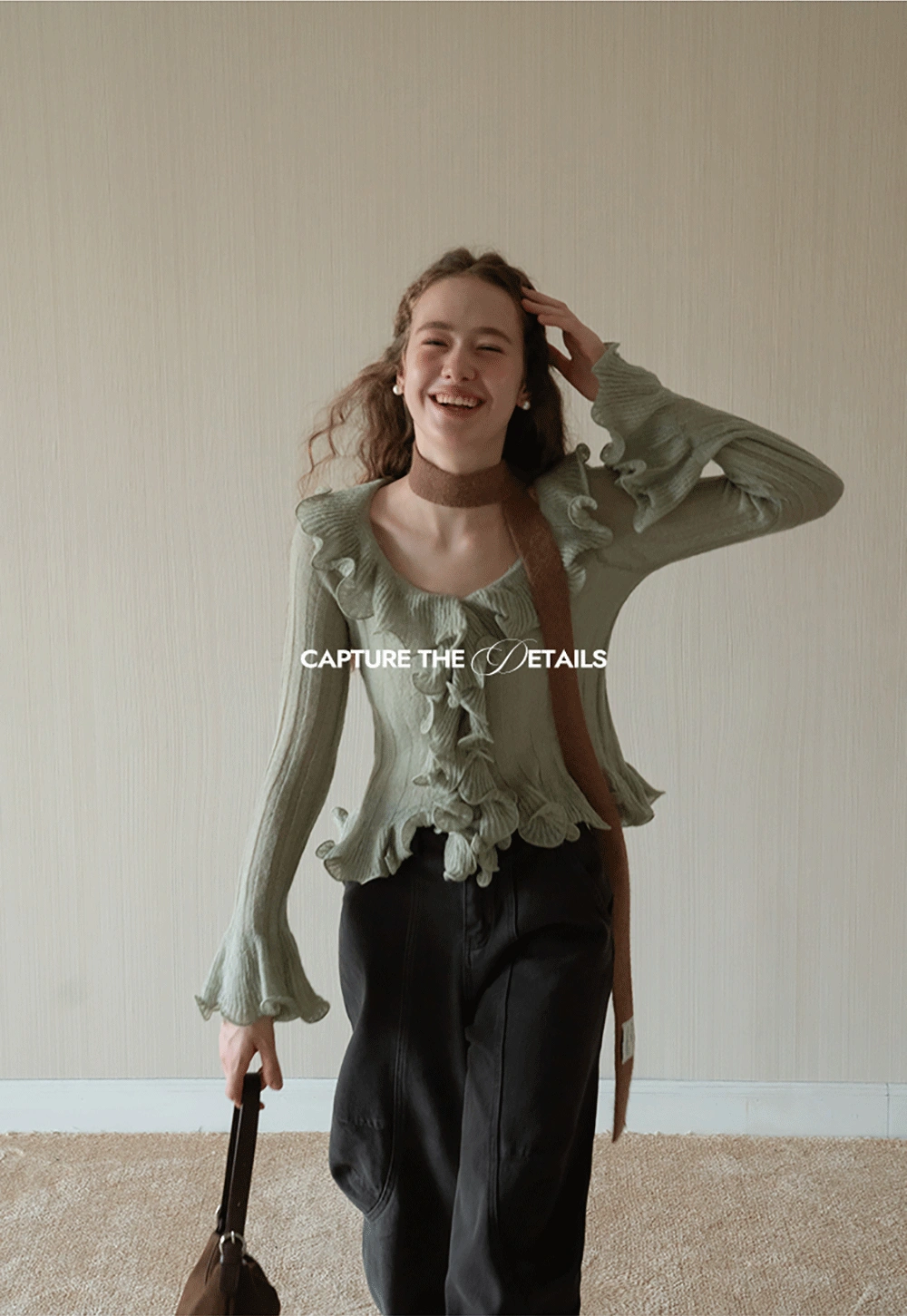 Womens Ruffle Hem Flared Sleeve Knit Top