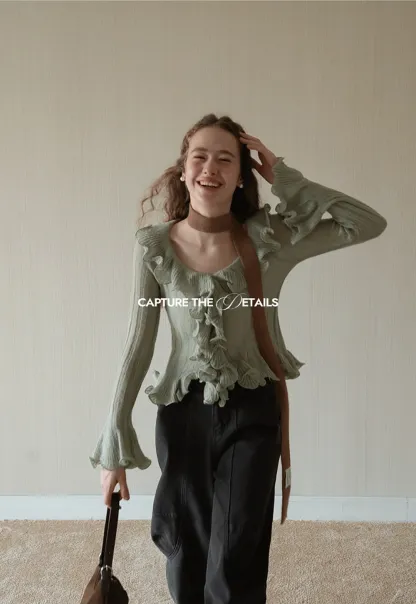 Womens Ruffle Hem Flared Sleeve Knit Top