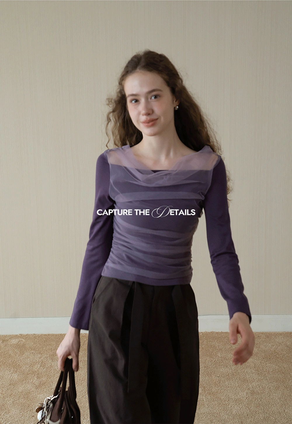 Women Mesh Patchwork Cowl Neck Top