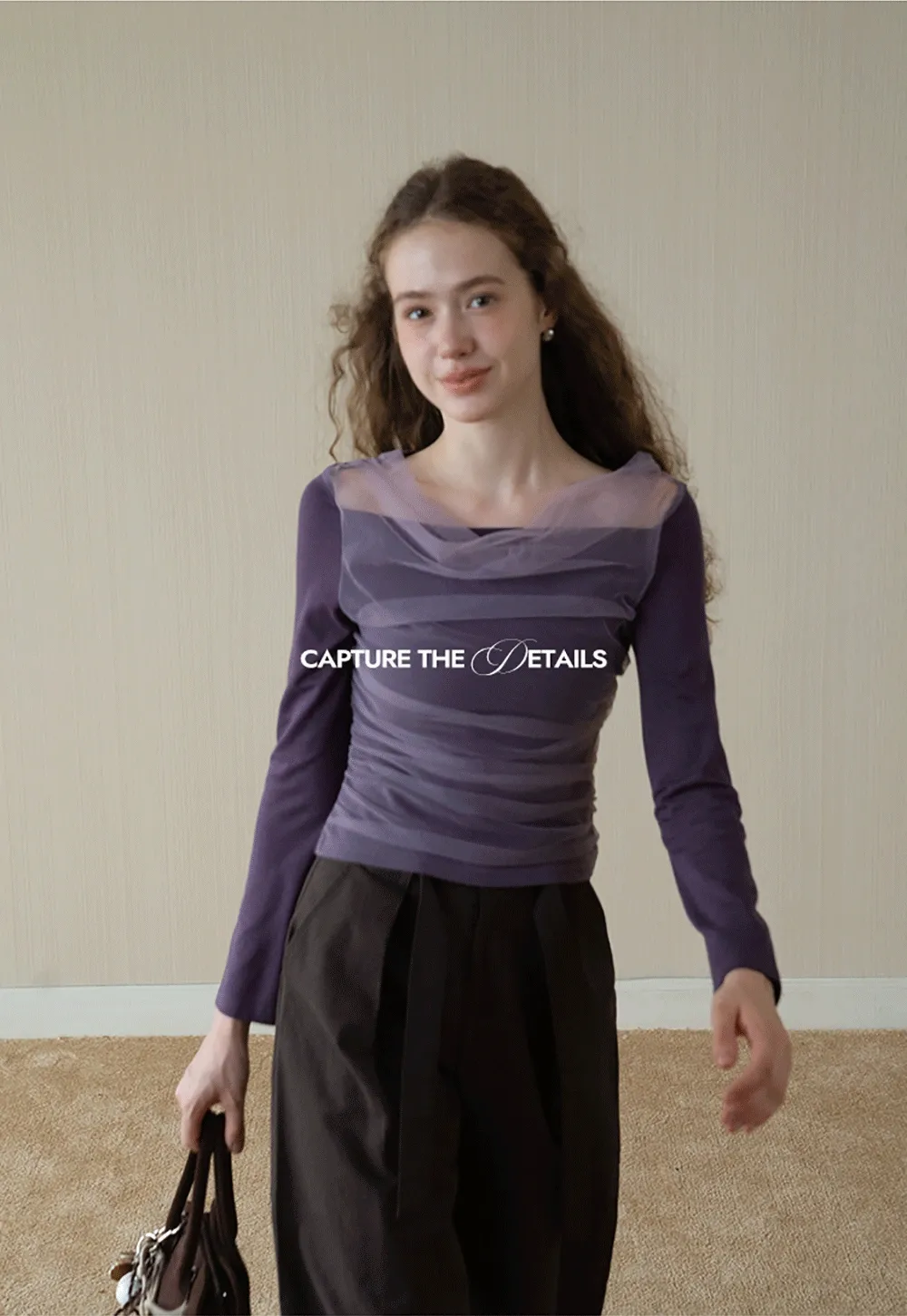 Women Mesh Patchwork Cowl Neck Top