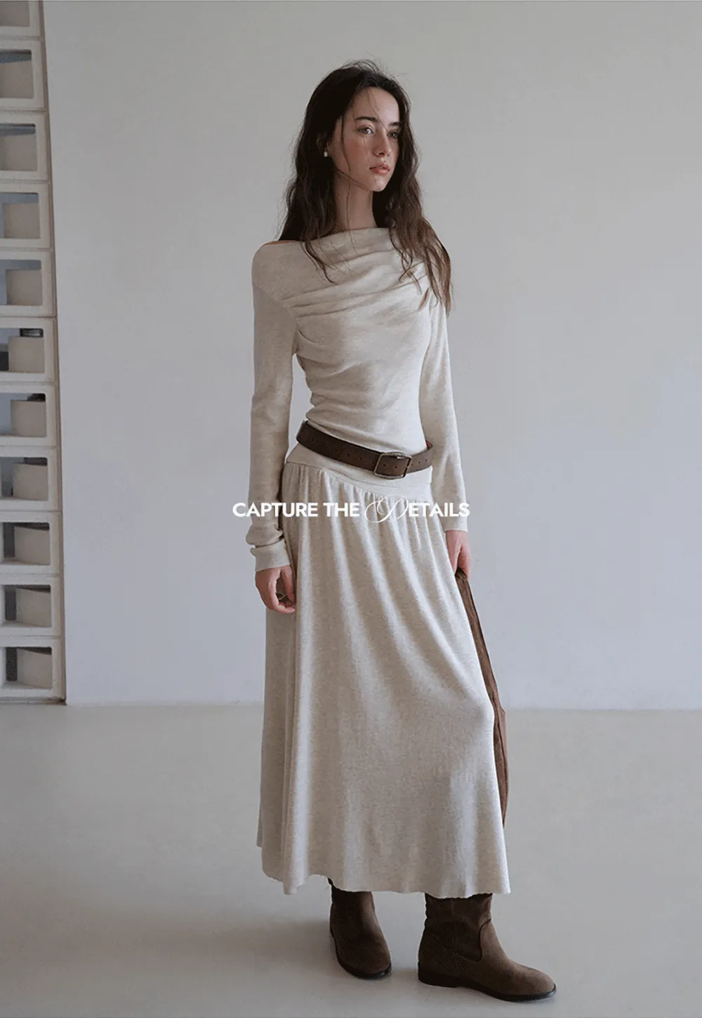 Draped Neck Top and Maxi Skirt Set