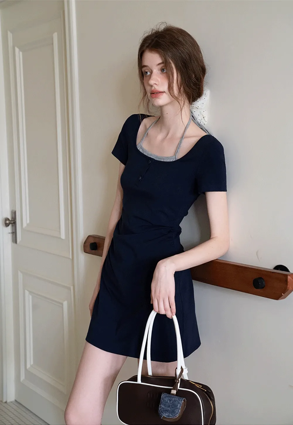 Women's Square Neck Halter Mini Dress with Ruched Waist