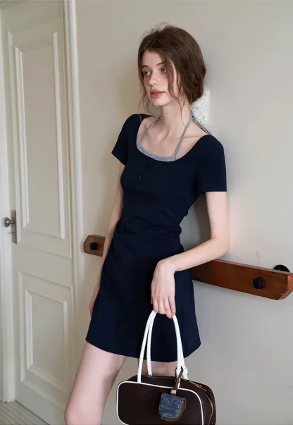 Women's Square Neck Halter Mini Dress with Ruched Waist
