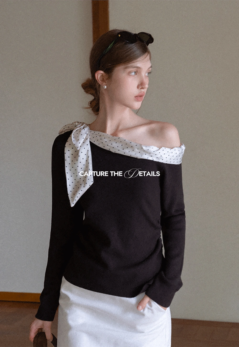 Womens Polka Dot Scarf Neck Long Sleeve Top