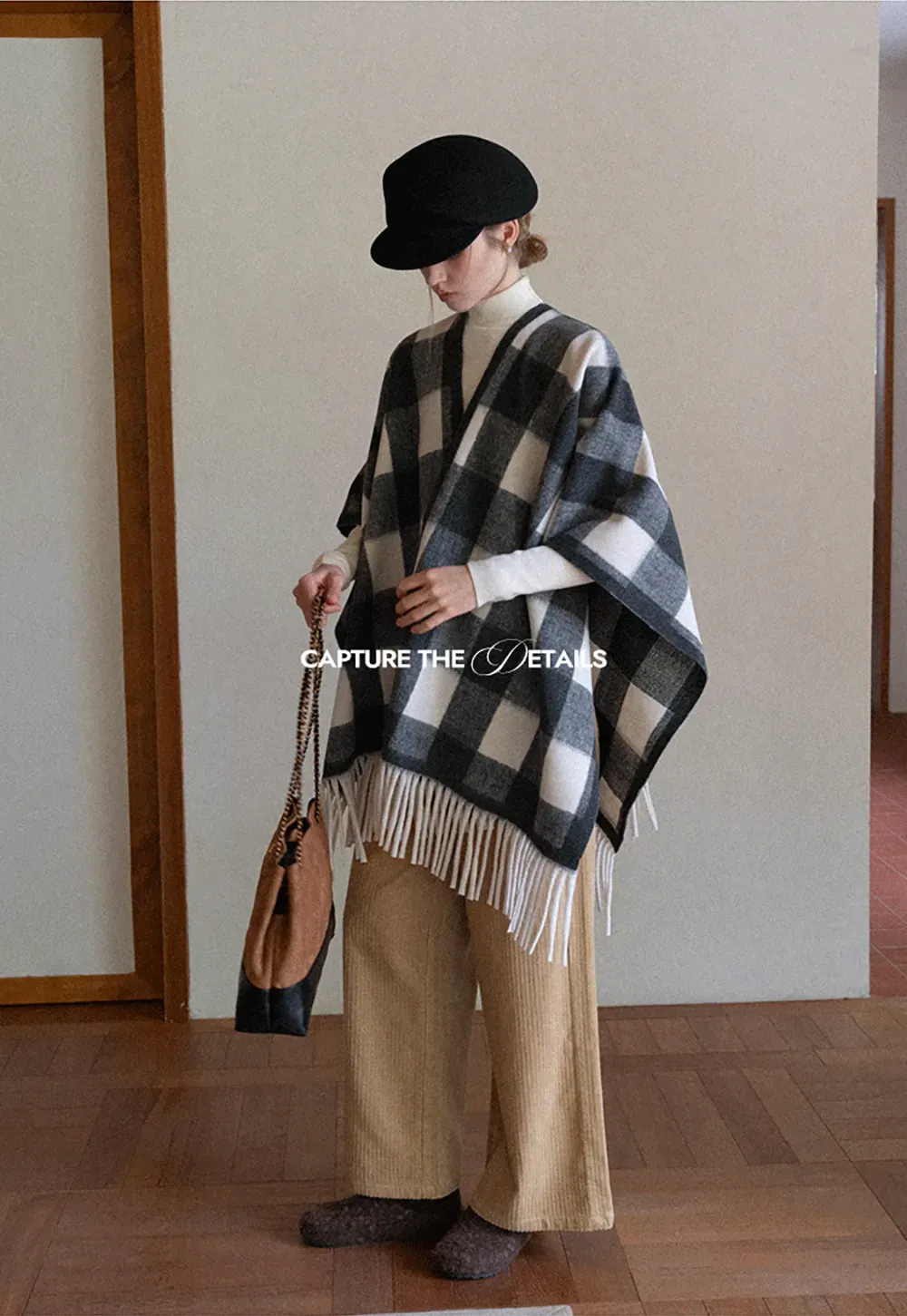 Checked Fringe Poncho