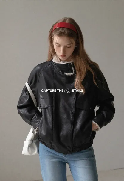 Faux Leather Jacket with Shearling Collar