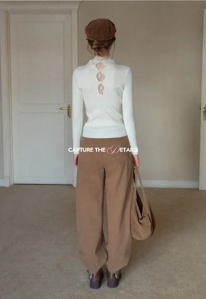 Womens Ribbed Mock Neck Top with Lace Buttons