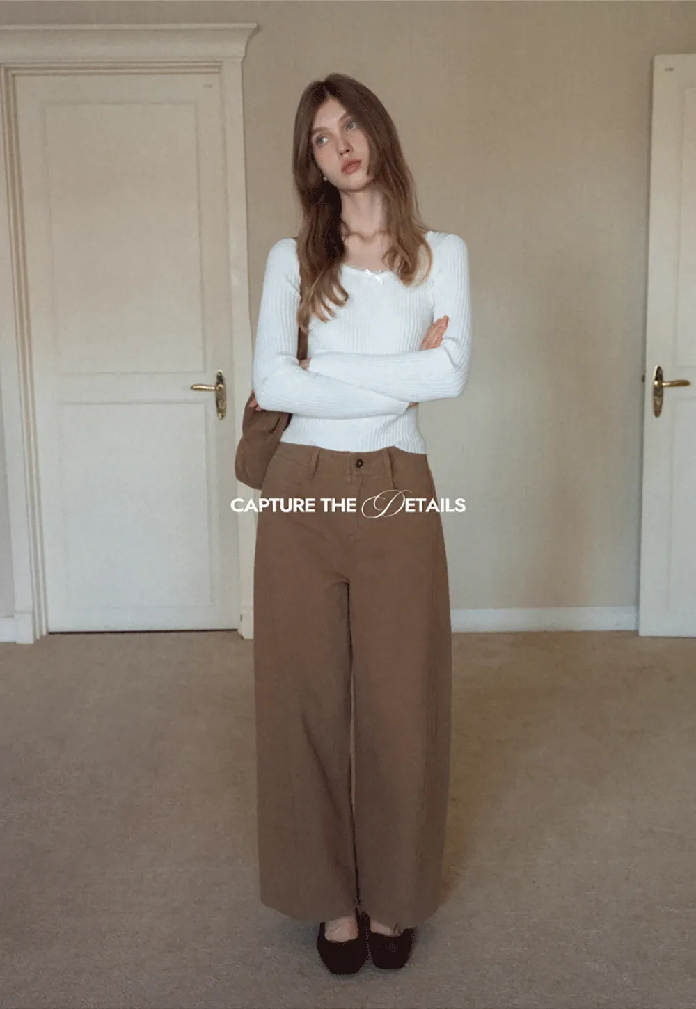 Womens Ribbed Long Sleeve Top with Bow Detail