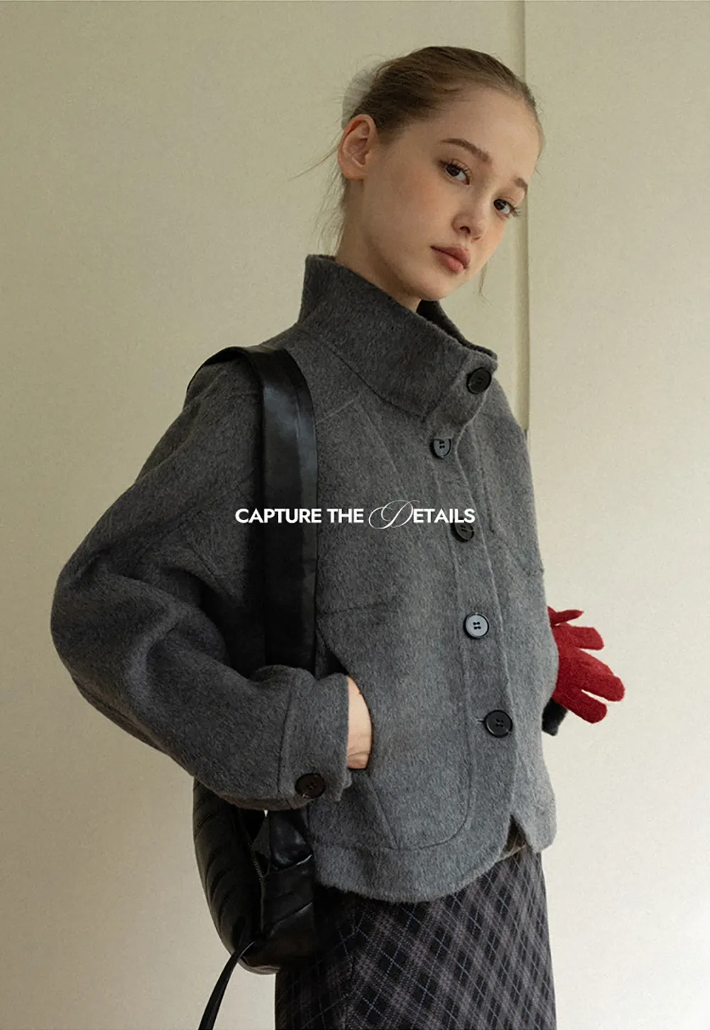 Stand Collar A-line Waist Cinching Cropped Double-Faced Coat