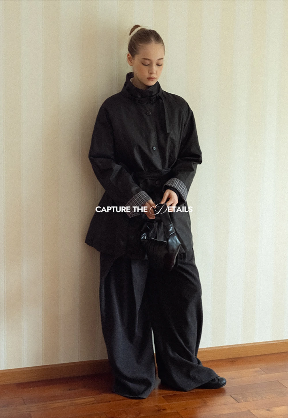 Stand Collar Mid-Length Coat with Plaid Splice and Belt