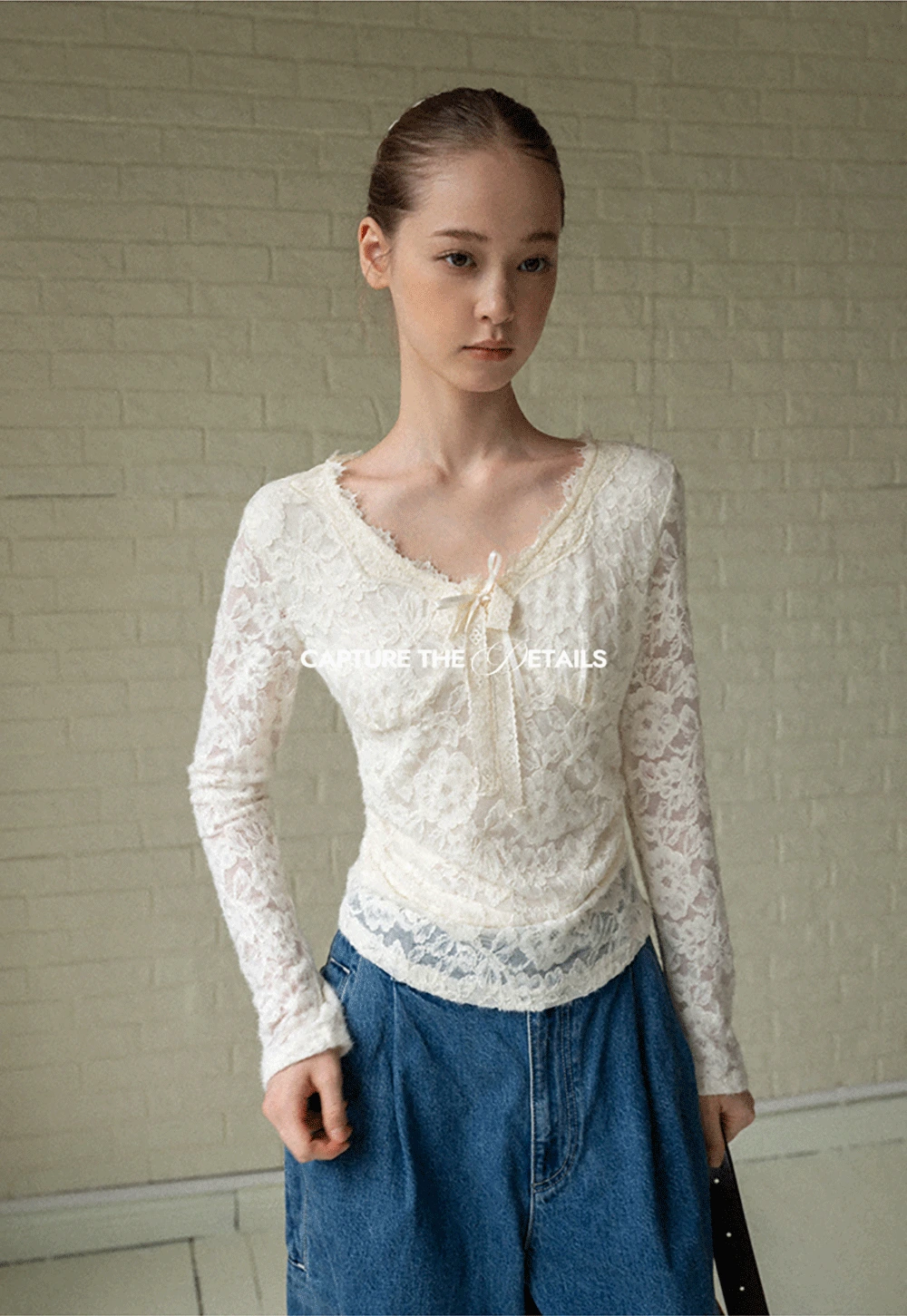 V-Neck Lace Jacquard Bow Top