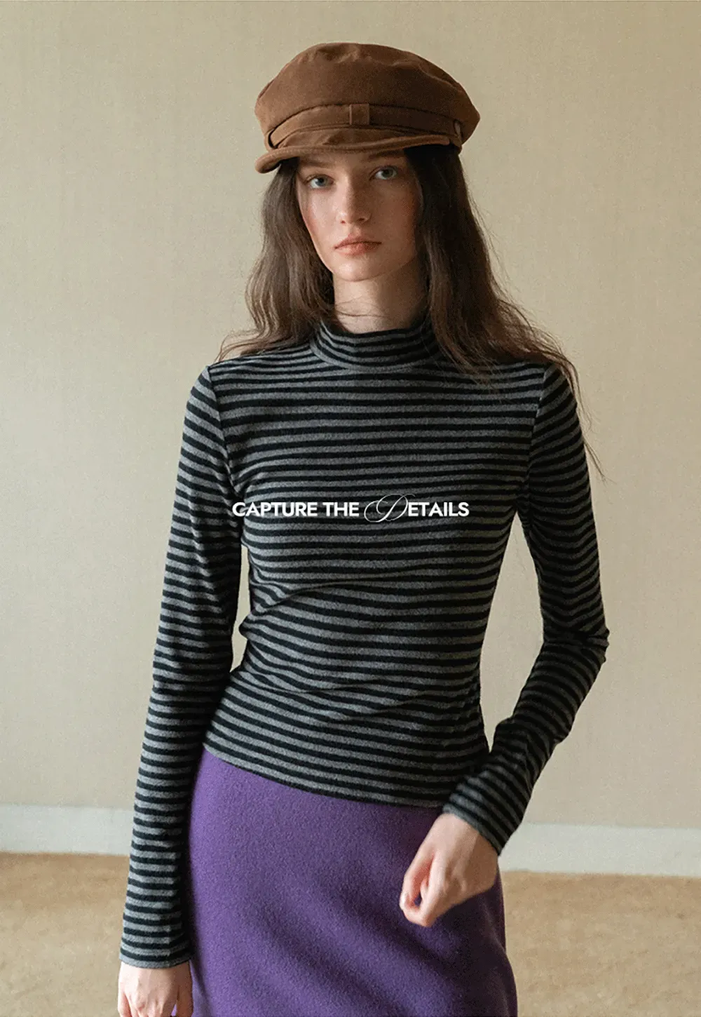 Striped Mock Neck Slim Long Sleeve Tee