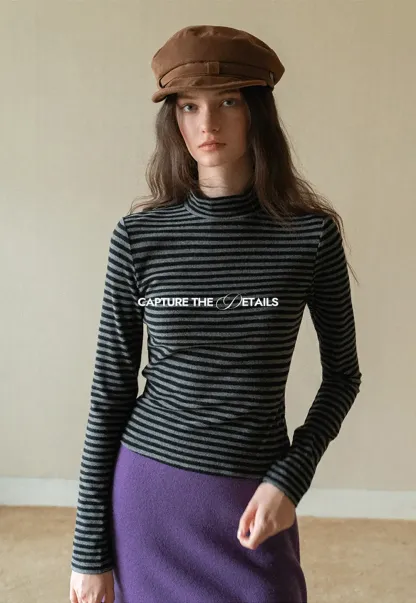 Striped Mock Neck Slim Long Sleeve Tee