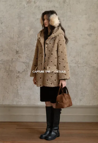 Polka Dot Teddy Fleece Hooded Coat