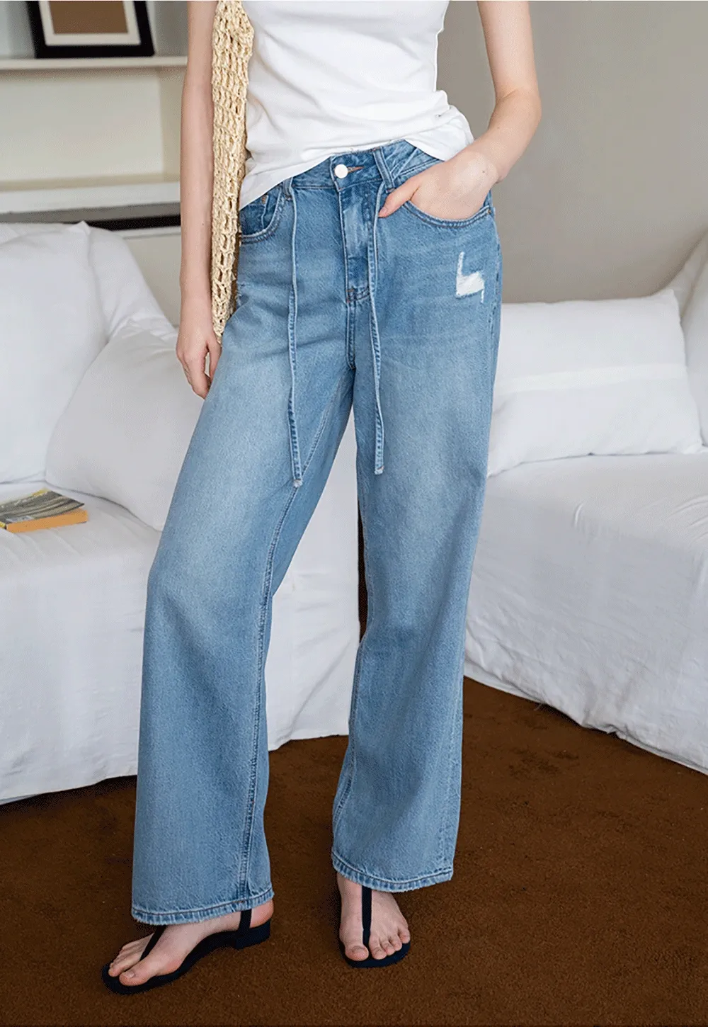 Wide Leg Distressed Denim Jeans