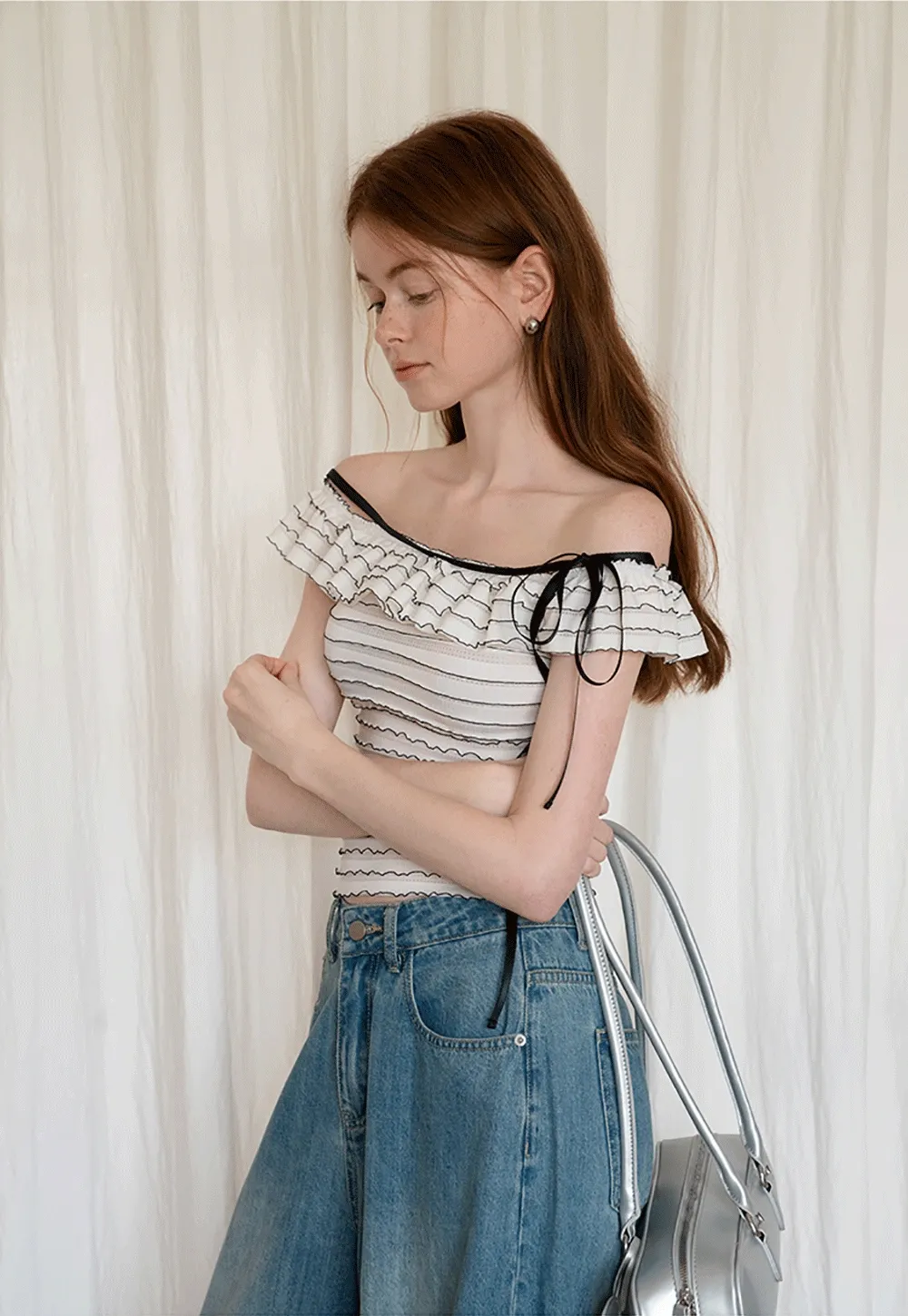 Women’s Off Shoulder Ruffle Trim Knit Top