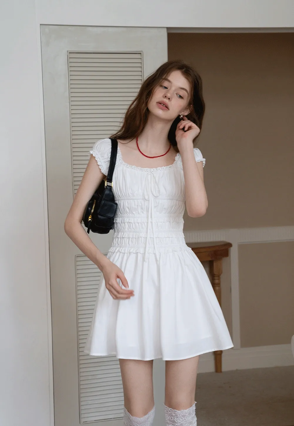 Women’s White Ruched Puff Sleeve Dress