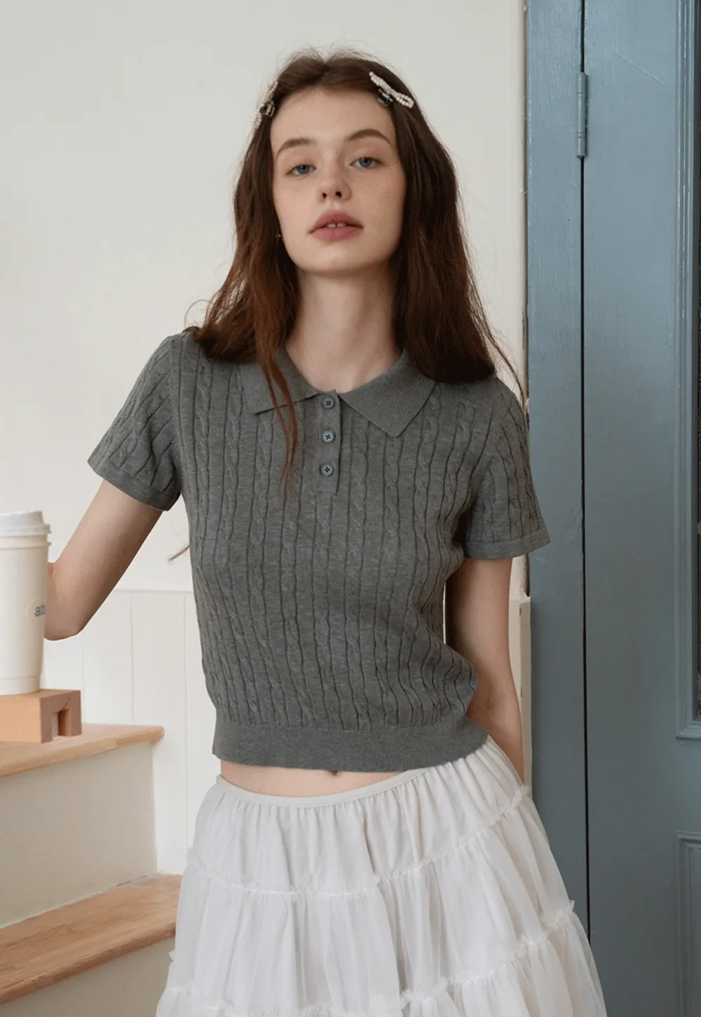 Women's Grey Ribbed Polo Shirt with Short Sleeves