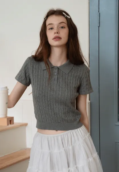 Women's Grey Ribbed Polo Shirt with Short Sleeves