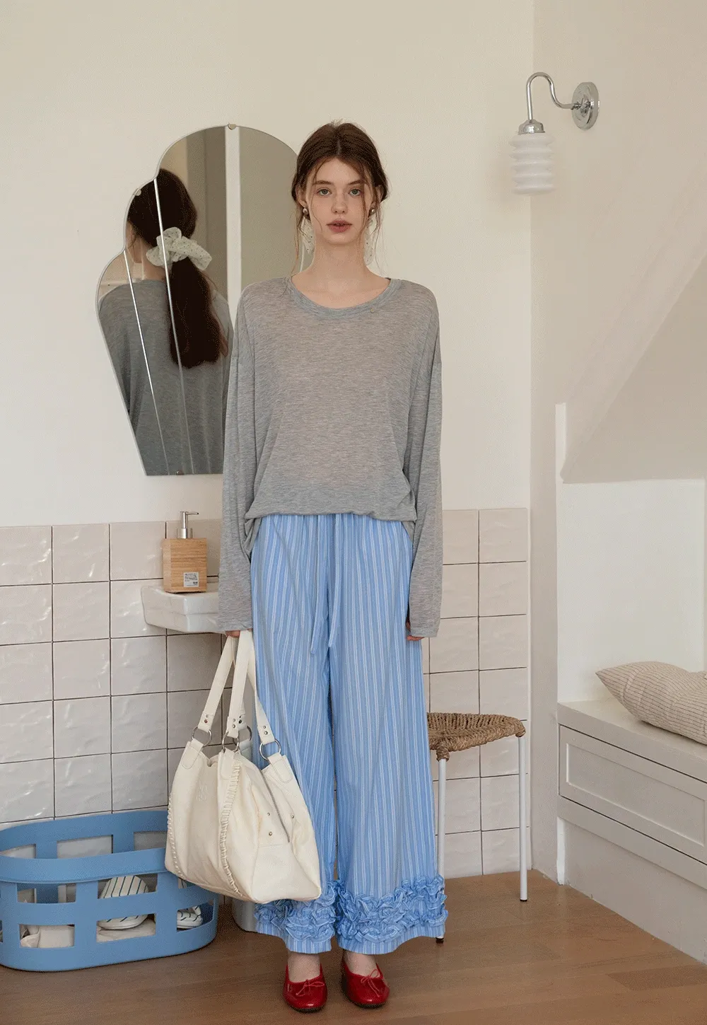 Striped Wide-Leg Pants with Ruffle Hem