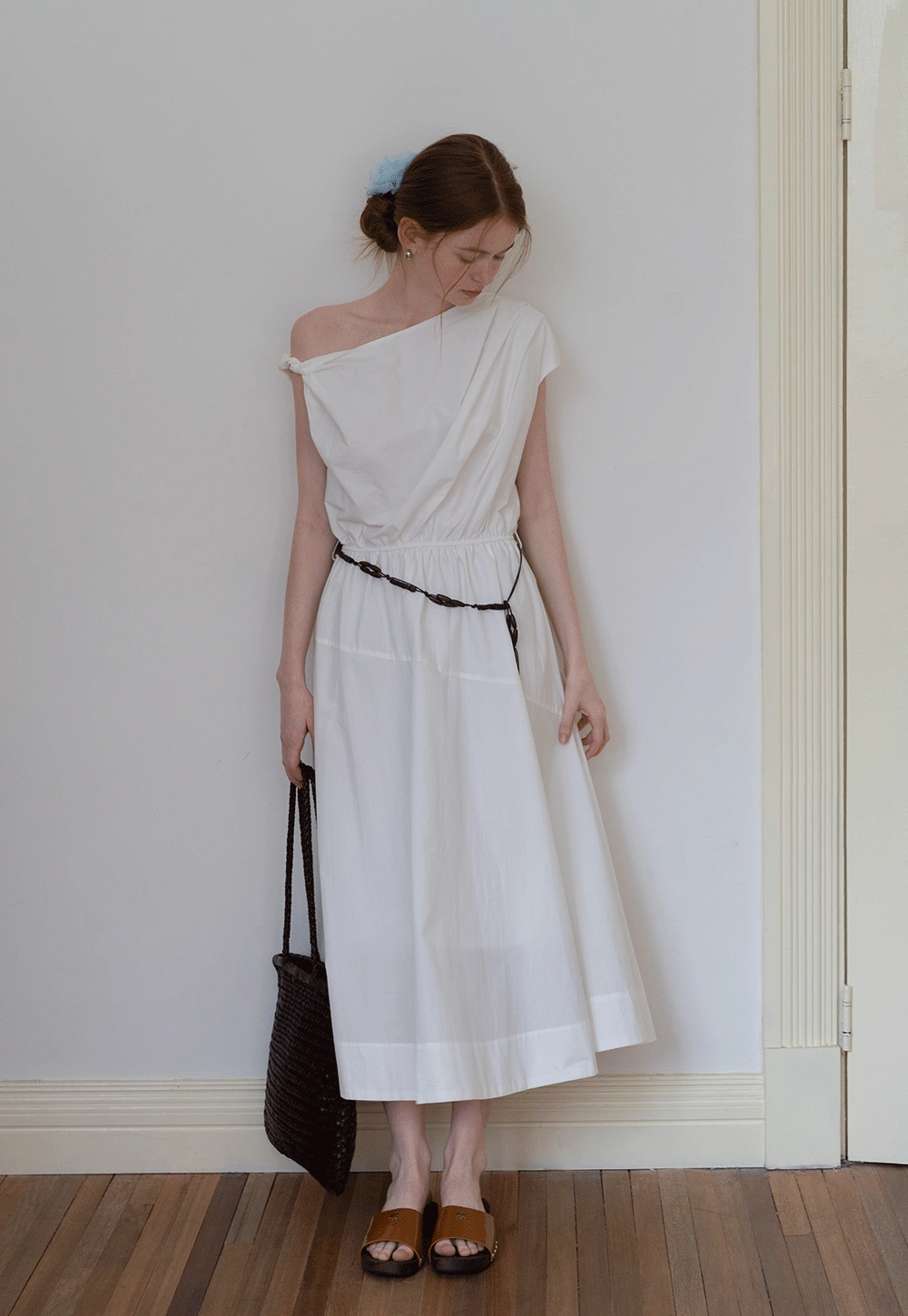 One-Shoulder Draped Midi Dress with Cinched Waist