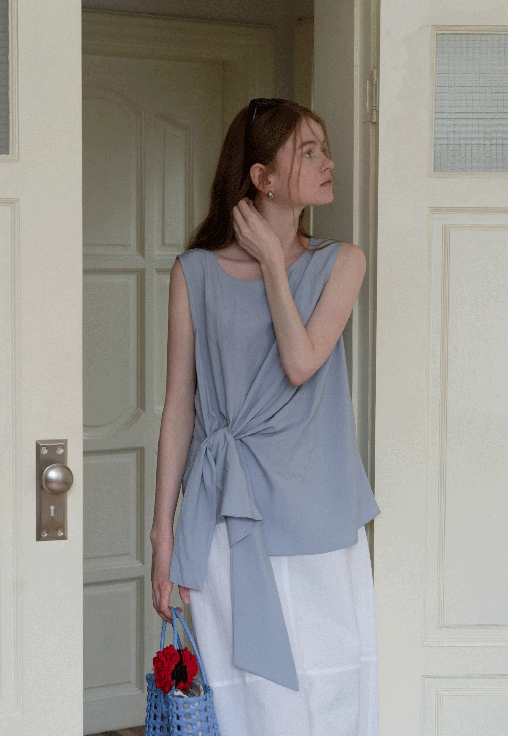 Women's Sleeveless Blouse with Side Tie Front Detail