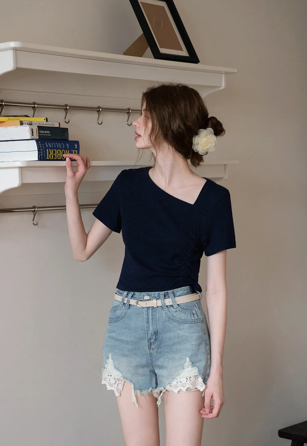 Women’s High‑Waist Ripped Lace Denim Shorts