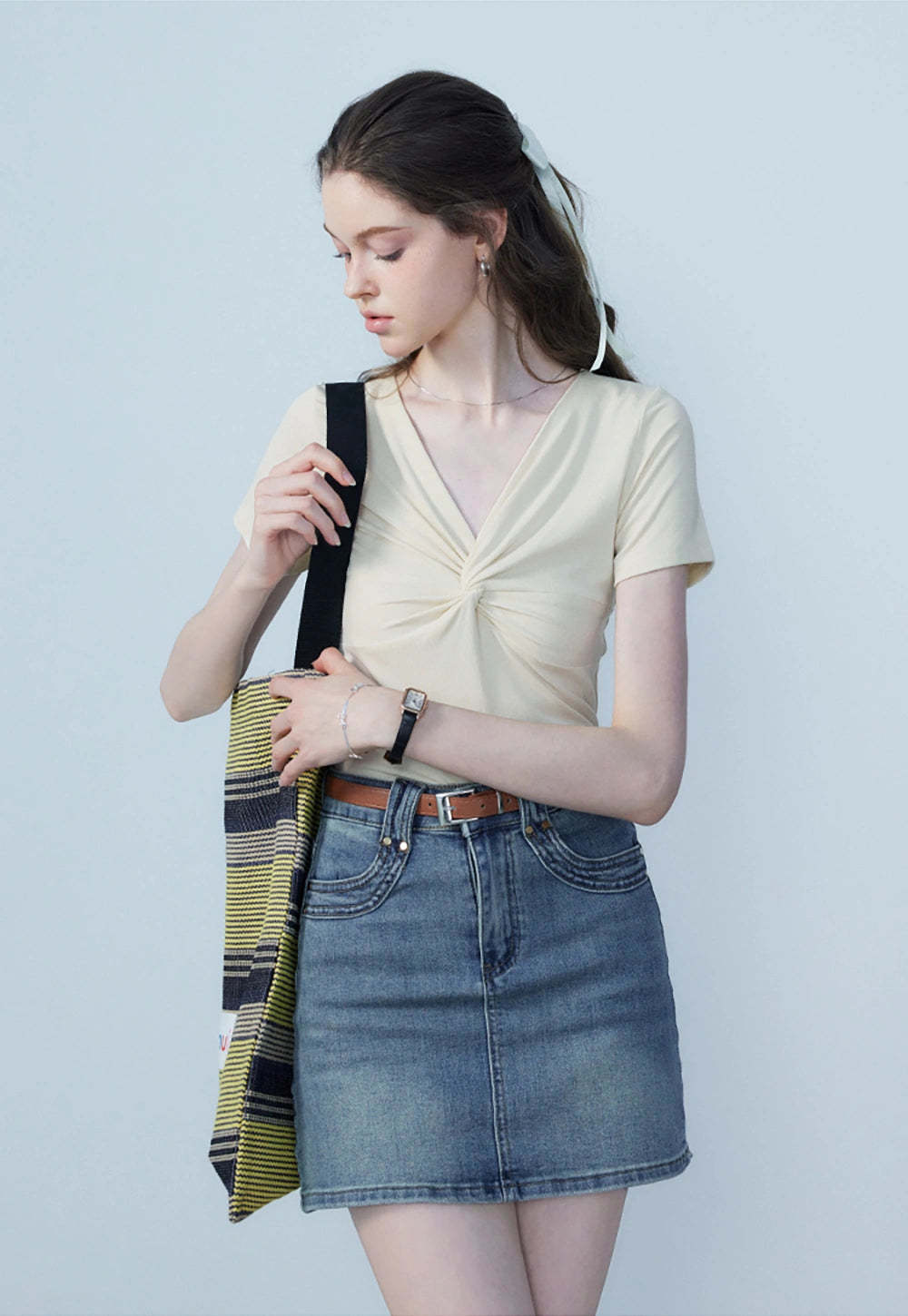 Elegant Women's V-Neck Slim Fit Knot T-Shirt - Flattering and Stylish