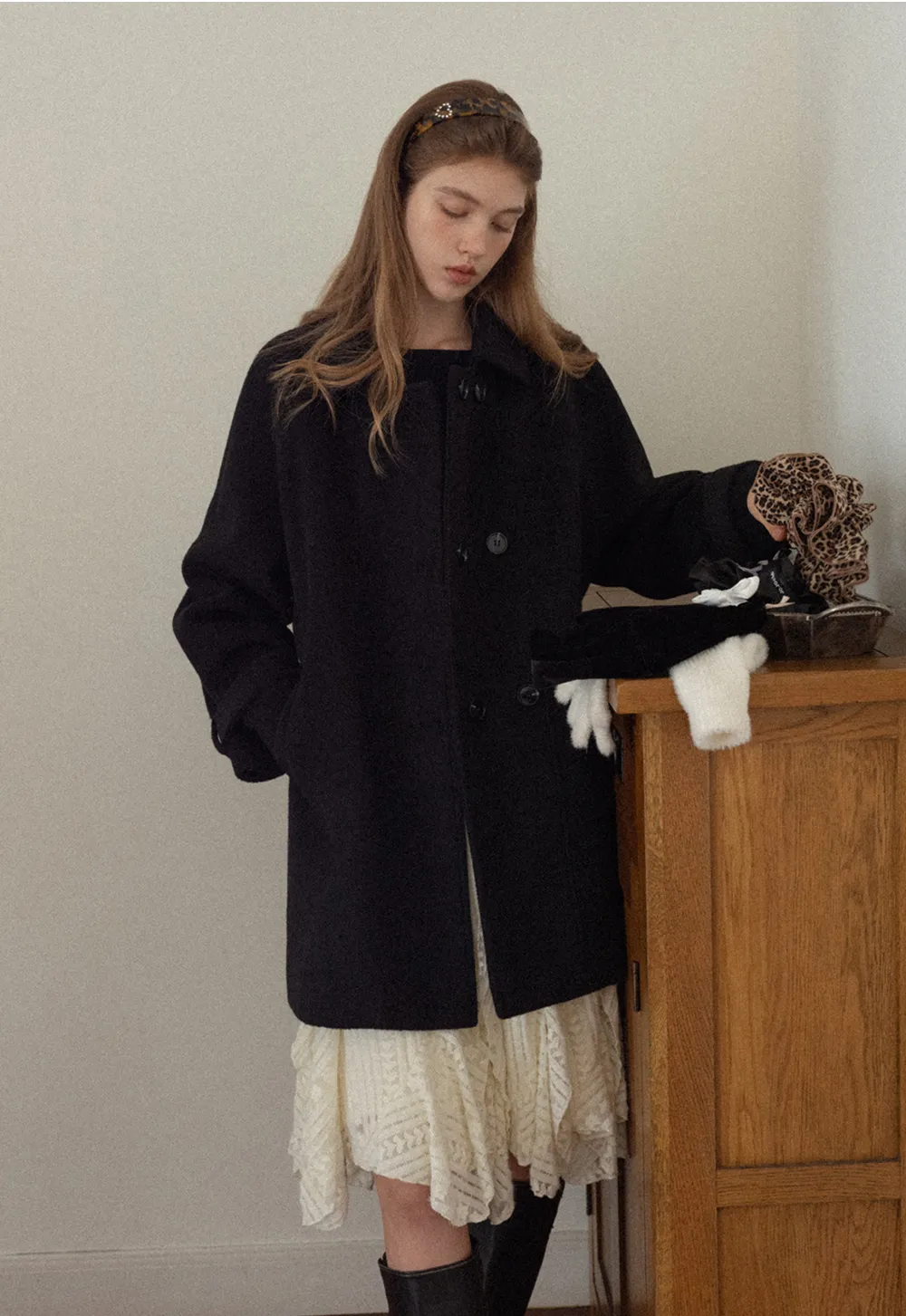 Elegant Double-Breasted Trench Style Wool Coat