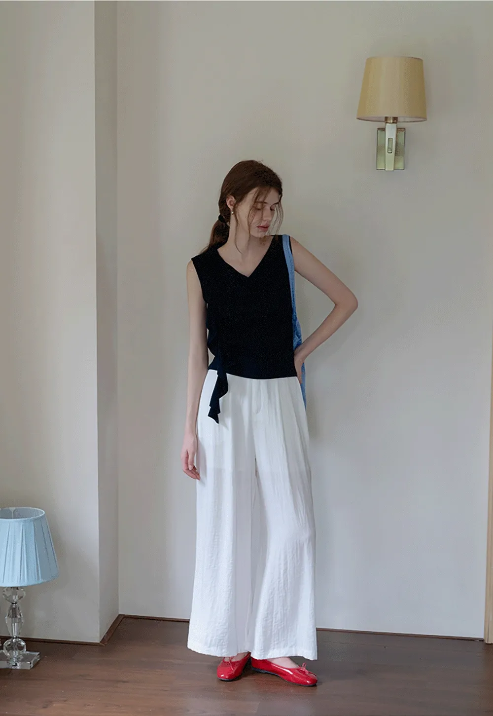 Women’s Drape Neck Sleeveless Top with Flower Accent